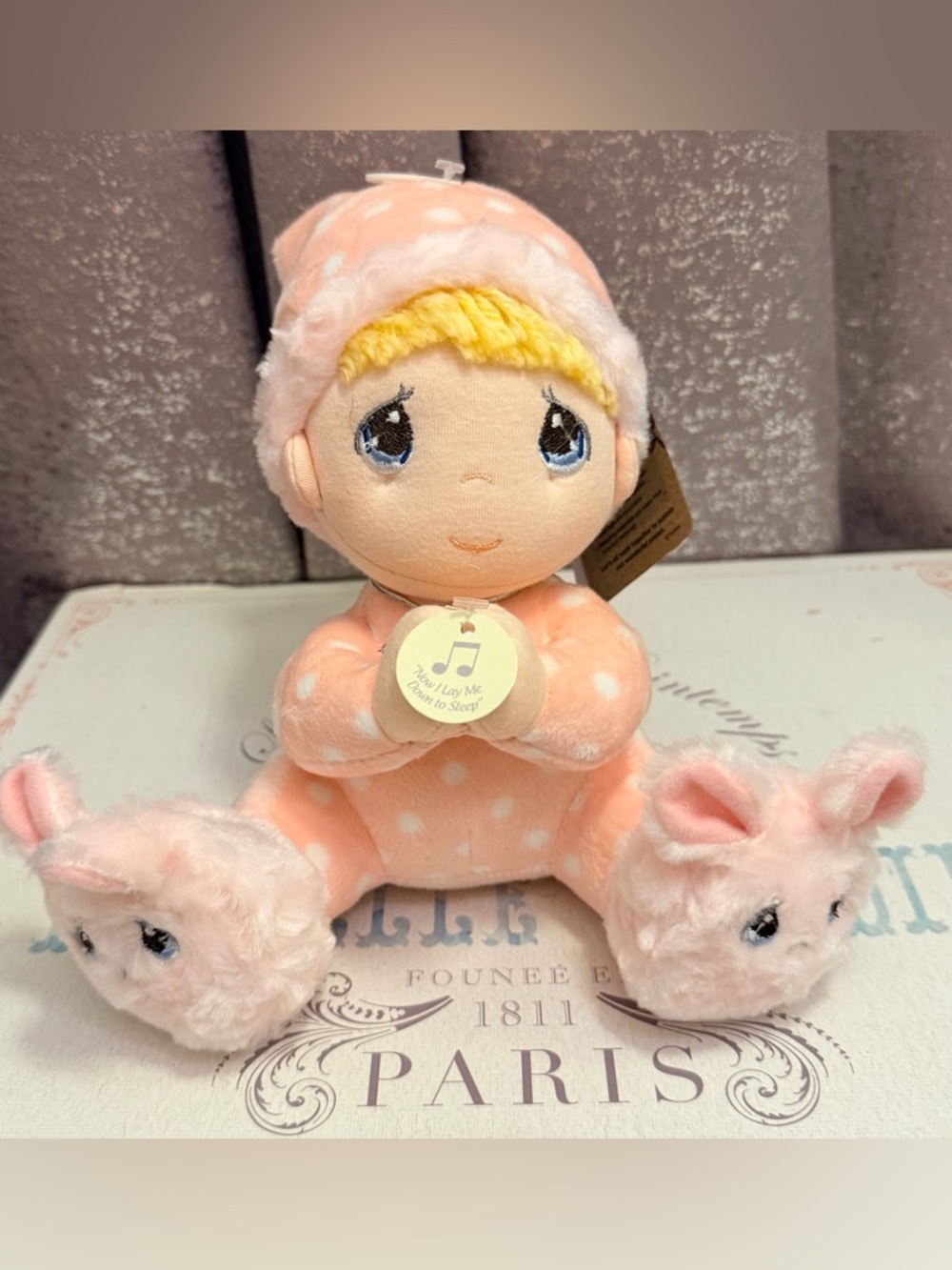 Precious Moments doll in Peach Polka Dot Pajamas with Bunny Slippers